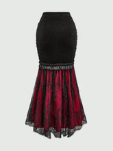 ROMWE Goth Dark Gothic Retro Palace Style Color-Blocking Lace Fitted Mermaid Velvet Skirt For Women